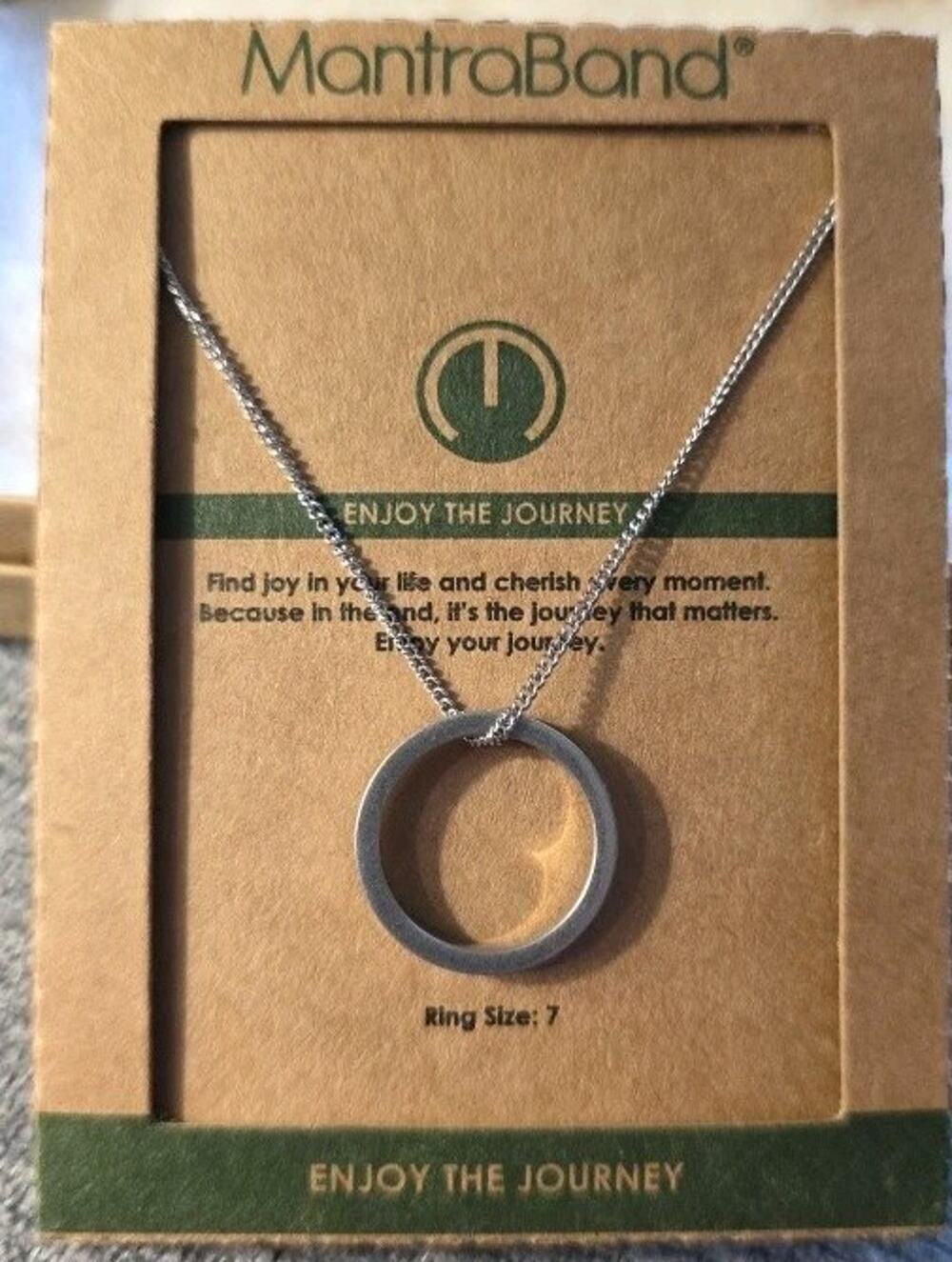 MantraBand Warrior Ring/Necklace, 'Enjoy The Journey', Silver, Ring Sz 7, NIB